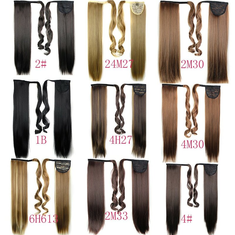 24inch Long Straight Synthetic Hair Extensions Wrap Ponytail Hair For Women Clip On Ponytail Hairpieces Brown Black Color