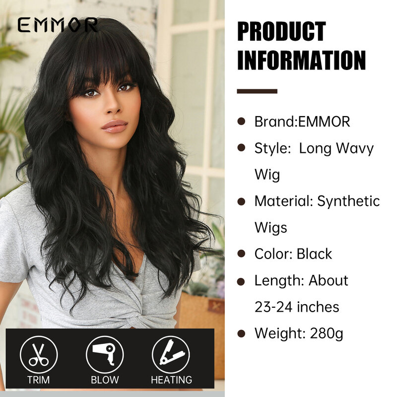 Emmor czarna długa fala peruki z grzywką dla kobiet wysokiej jakości peruka syntetyczna na imprezę Cosplay naturalne odporne na ciepło włosy syntetyczne