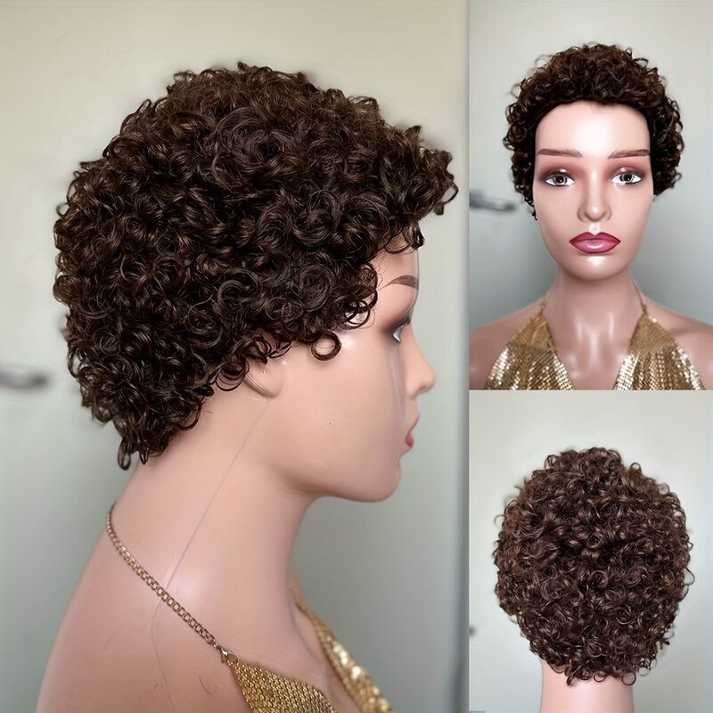 Fafro-女性用カーリーウィッグ,短い人間の髪の毛,密度180%,完全機械製,自然な黒