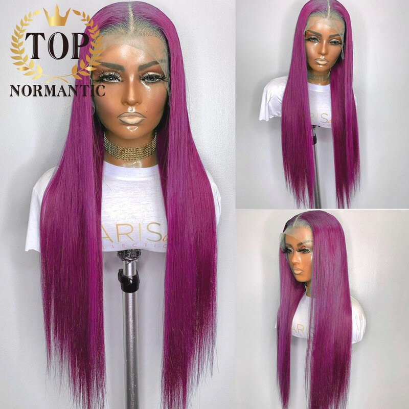 Topnormantic-Perucas de renda com parte do meio, cabelo liso, peruca transparente, fechamento sem cola, cor rosa escuro, 13x6, 13x4, 4x4