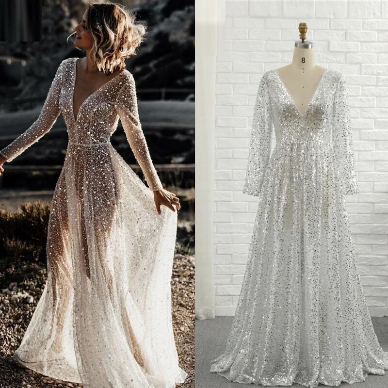 2023 일루전 스팽글 비치 웨딩 드레스, 섹시한 브이넥 긴팔 신부 가운, A 라인 백리스 화이트 드레스