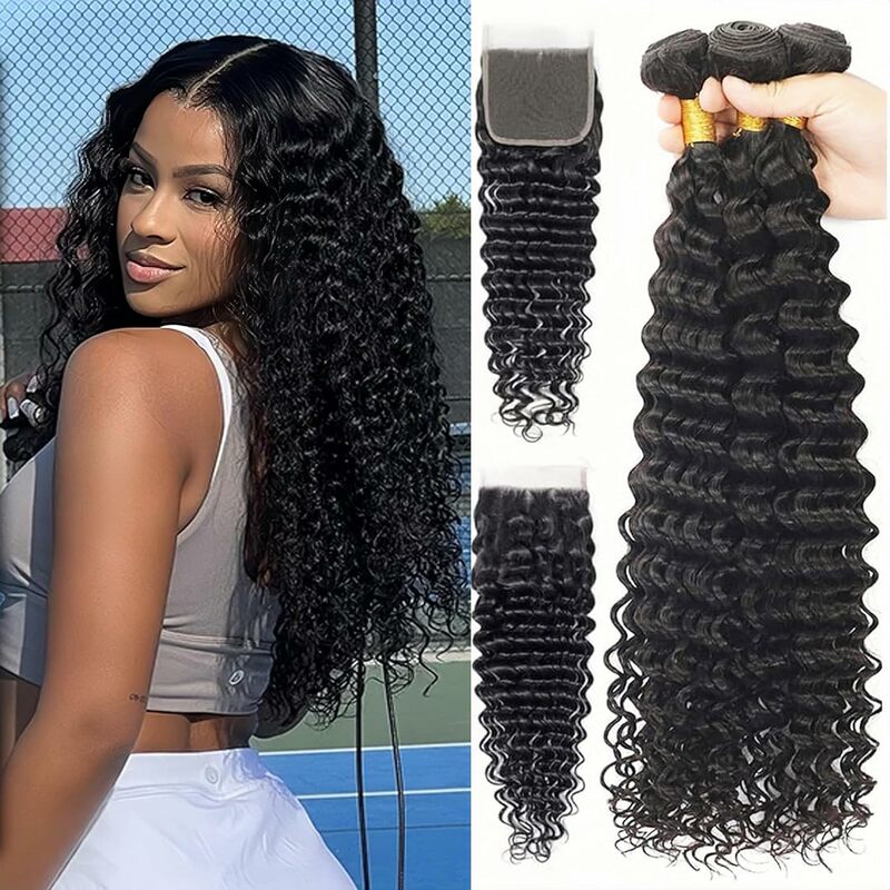 Bundles with Closure Deep Wave Brazilian Virgin Hair 3 Bundles with 4x4 HD Lace Closure With Baby Hair Natural Color Deep Curly