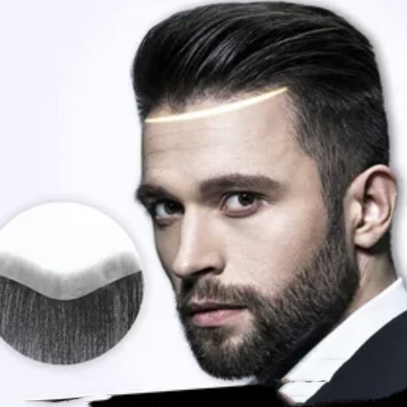 Toupee frontal para homens, cabelo humano, V Loop, pele ultra fina, patch de linha fina natural PU, testa, 0,06mm