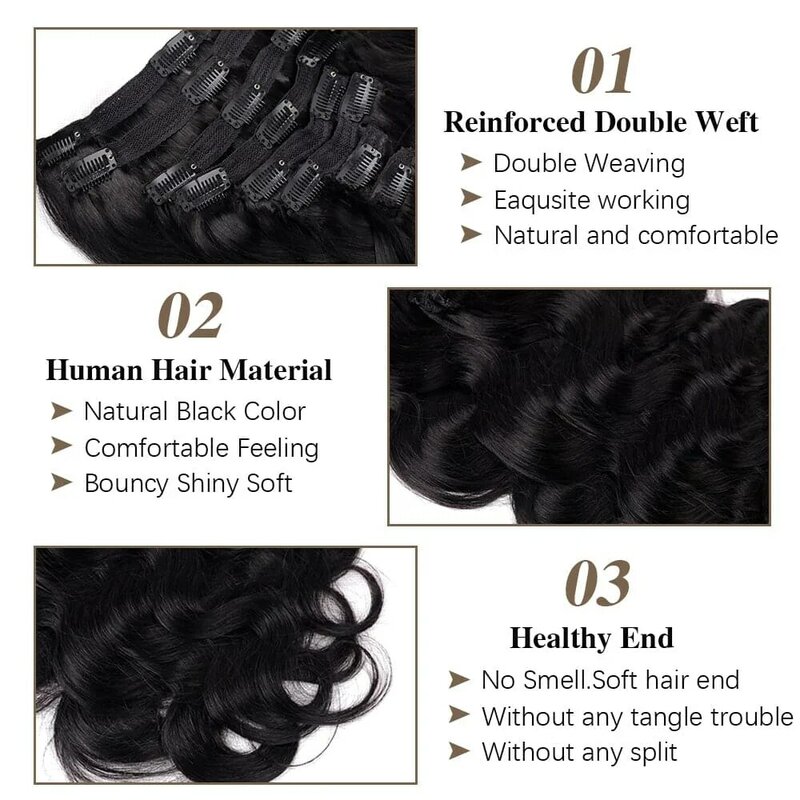 Klip gelombang tubuh dalam ekstensi rambut untuk wanita hitam klip ins ekstensi rambut warna hitam alami kepala penuh rambut Virgin Brasil