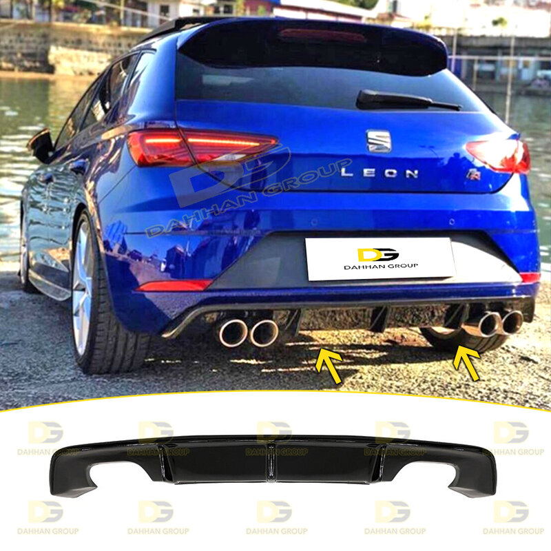 Seat Leon 2017 - 2020 Rear Diffuser Spoiler Wing Splitter Left + Right Double Exhaust Outputs Piano Gloss Black Surface Plastic