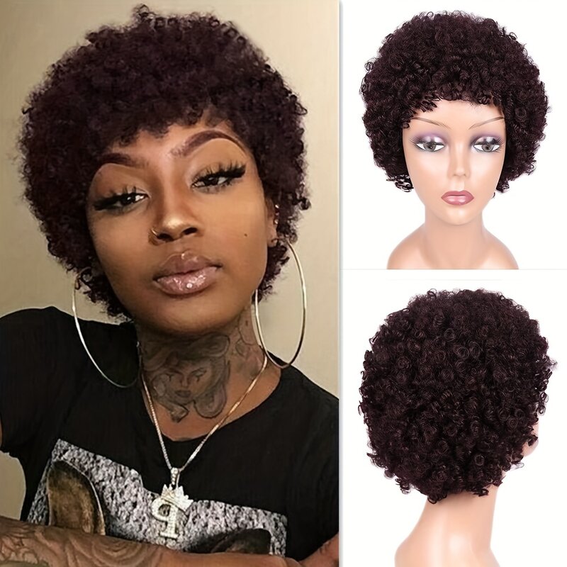 4 "krótki Afro perwersyjne kręcone ludzkie włosy peruki z grzywką fryzura Pixie peruki czarne Afro peruki z kręconymi włosami dla kobiet naturalne ludzkie włosy peruki