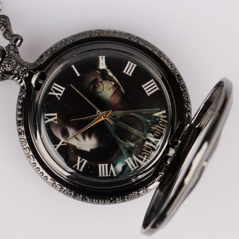 Favorito das crianças triângulo mágico oco quartzo bolso relógios colar pingente preto com corrente presentes digital pocketwatch