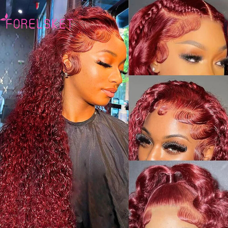 Peluca de cabello humano rizado para mujer, postizo de encaje Frontal de onda profunda transparente, 99J Color rojo borgoña, 13x4, Remy brasileño