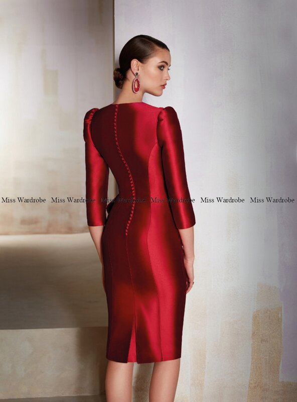 สีแดงชุดเจ้าสาว Sheath ซาติน Applique เข่าความยาวงานแต่งงานชุด3/4แขนค็อกเทลอย่างเป็นทางการ Gowns