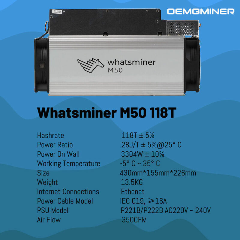 Купите 4 и получите 2 бесплатных новых Whatsminer M50 118TH 3304 Вт SHA-256 BTC Биткойн Майнер ASIC Майнер