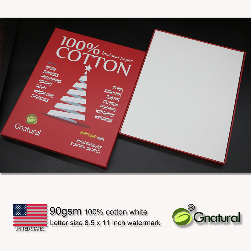 MCYT003-papel 100% algodón con marca de agua, hojas impermeables de Bajo almidón, tamaño de letra 216x279mm, 90gsm US, color blanco, 100
