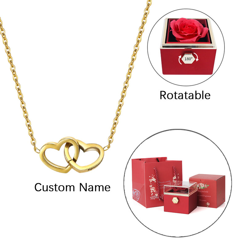Eternel Rose BOX-W/Engraved 목걸이 및 Realrose 꽃 선물 상자, 하트 맞춤 문자 목걸이, 발렌타인 데이 선물