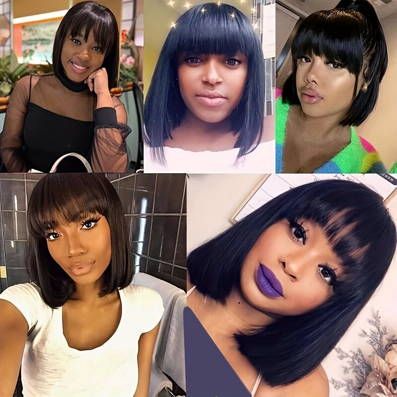 Short Bob Human Hair Wigs With Bangs Straight Short Full Machine Lace Scalp Glueless Straight Bob Wig With Bangs Bob Wig For
