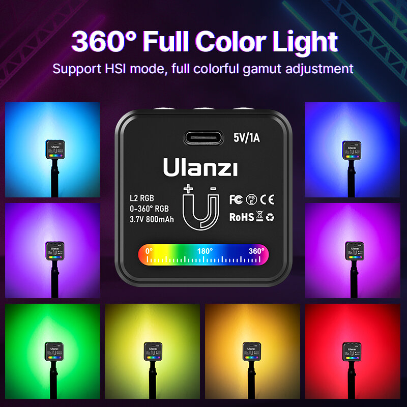 Ulanzi-L2 RGB COB 비디오 라이트, 고프로 DSLR 카메라용 무단 조도 조절 LED 램프 Led 디스플레이 마그네틱 미니 Vlog 필 라이트