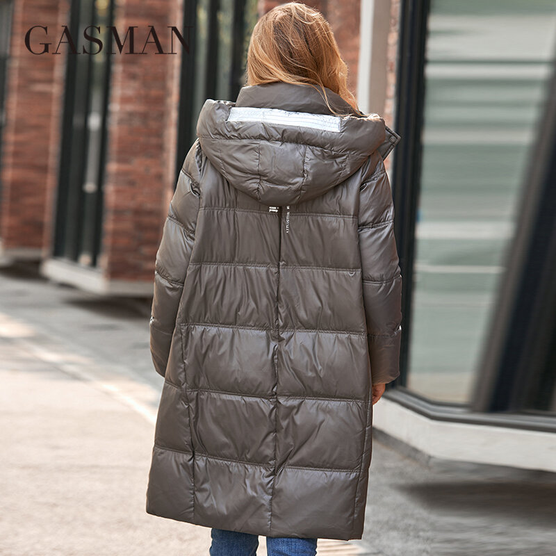 Gasma inverno para baixo jaqueta feminina quente longo clássico zíper cinto design bolso com capuz fino parkas casaco feminino MG-81037