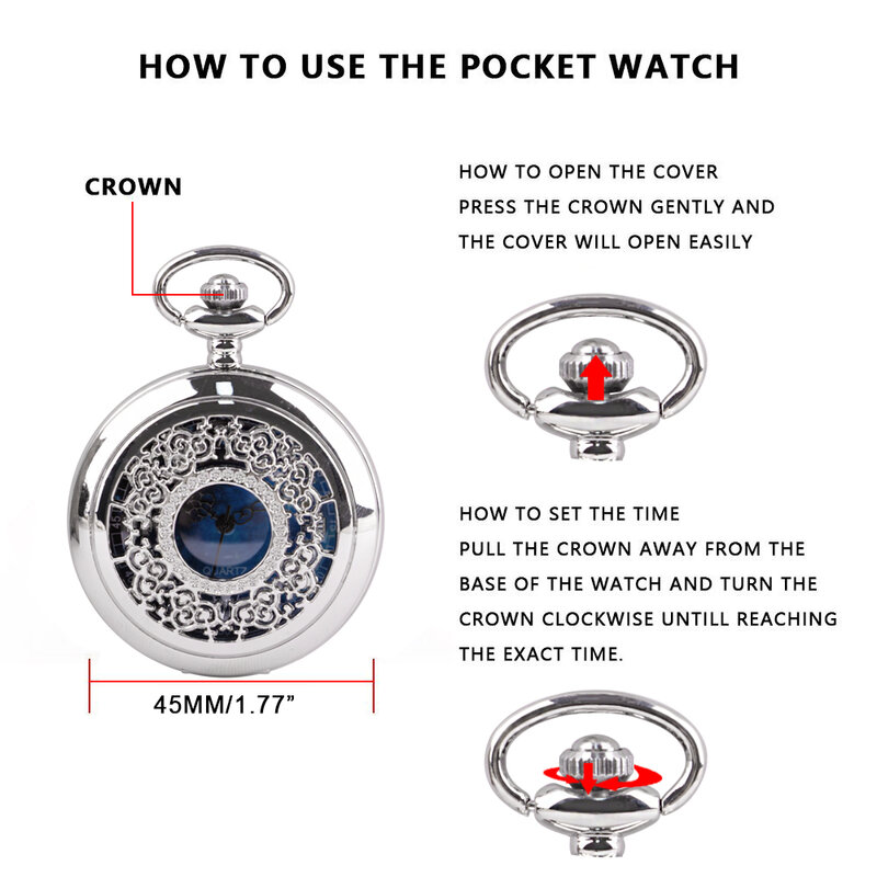 Exquise Starry Blue Dial Pendant Silver Hollow Case Quartz Pocket Watch Roman Numerals Retro Watches Souvenir Gift for Men Women