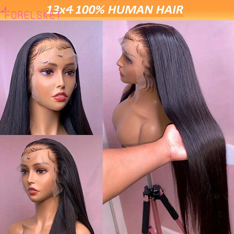 Peruca de cabelo humano Remy brasileira para mulheres, osso reto, transparente, 13x4 Lace Frontal, 180 Densidade, 4x4, 30 ", 32"