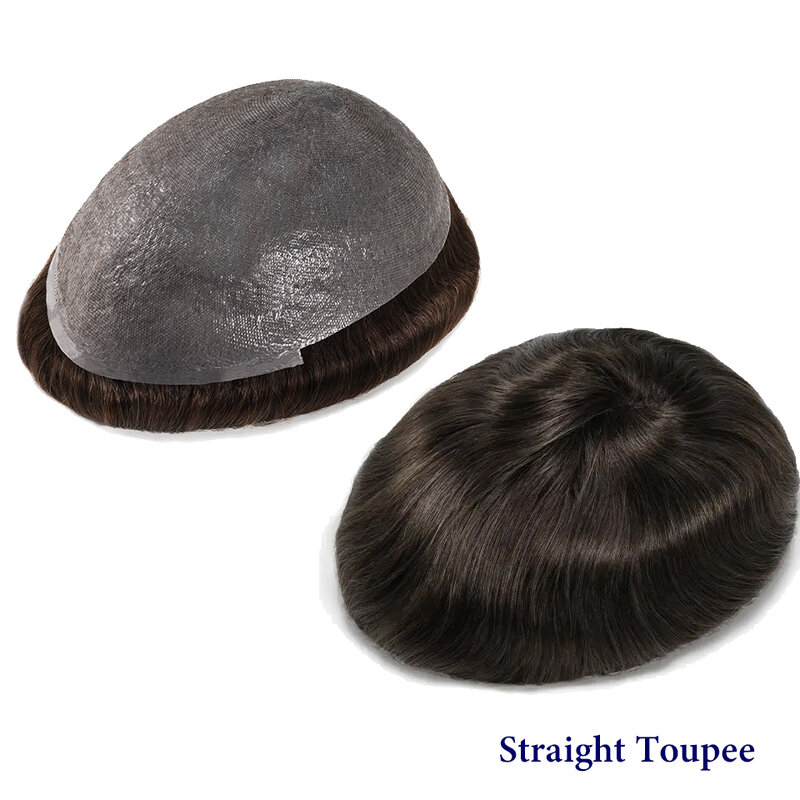 Tupé de cabello humano con nudo en V para hombres, sistema de reemplazo de cabello liso, prótesis 8x10, piel fina, 0,06-0,08mm