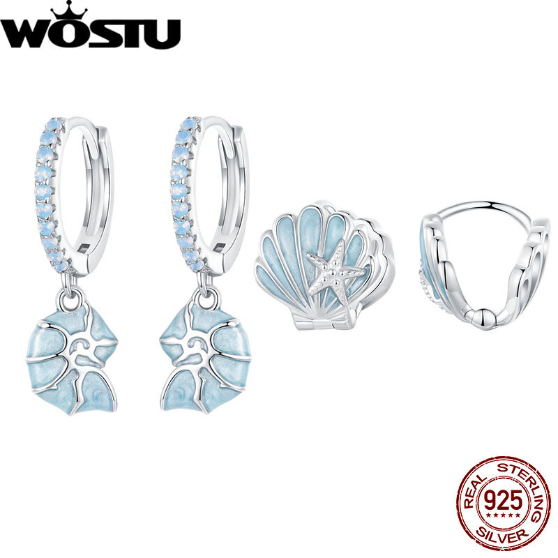 WOSTU 925 Sterling Silver Shell Ear Buckles Blue Seashell Hoop Earrings with Nano Opal Stone For Women Fine Jewelry Summer Gift