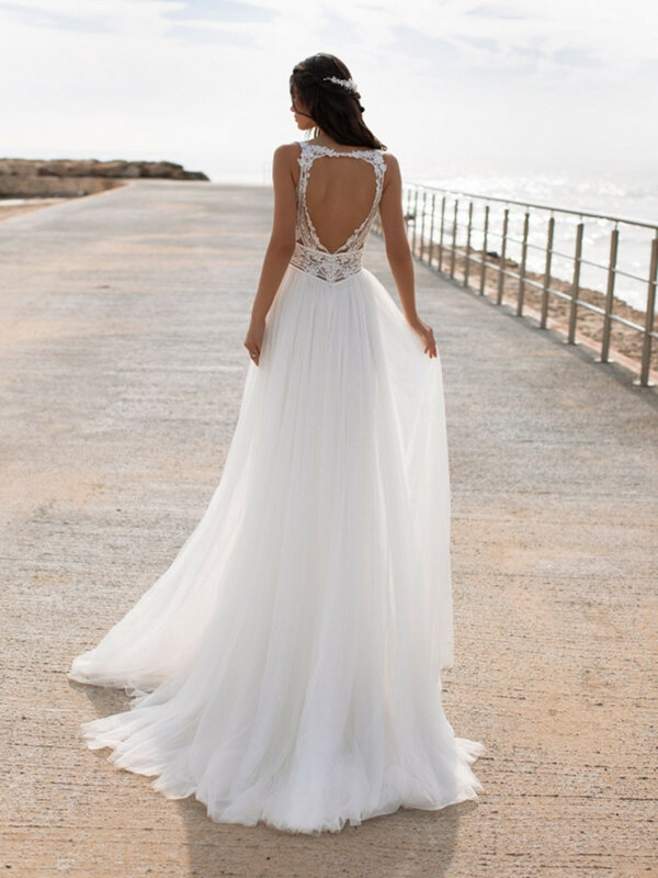 V Neck Tulle Boho Wedding Dress Lace 2023 Split Open Back Sleeveless A-Line Civil Bridal Gown Charming Bohemian Unique Vestido