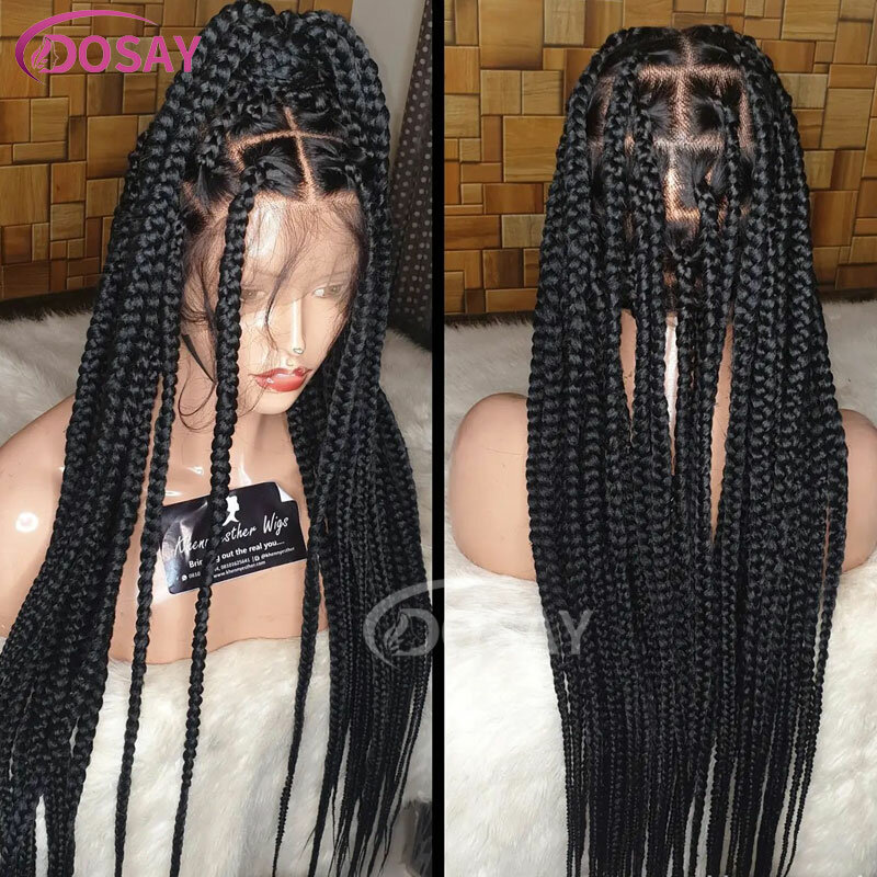 Wig kepang 36 inci untuk wanita warna hitam sintetis Barids Wig panjang sintetik kotak besar Wig kepang kulit kepala palsu Wig Cosplay rambut