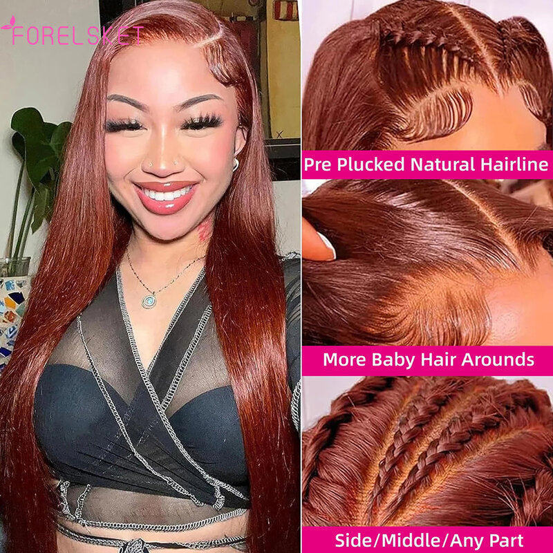 Burgundy Brazilian Virgin Straight Human Hair Wig Women's 4x4 Pre-plucked Front Lace Wig 100% Human Hair Deep Burgundy Brown Wig