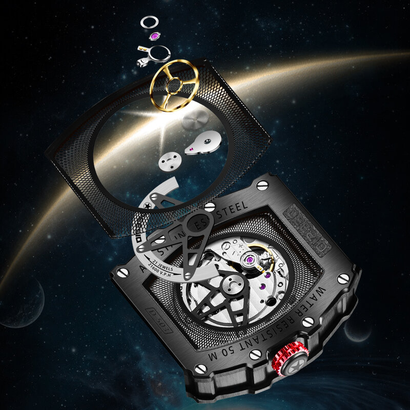 Deesio Automatic Self-Wind Mechanical Wristwatches Double Hollowed Luminous Waterproof Sapphire Crystal Men's Watch Fashion Gift