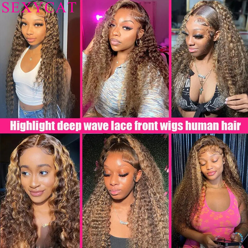 Perruque Lace Front Wig Deep Wave brésilienne naturelle, cheveux humains, blond 4/27, 13x4, pre-plucked, naissance des cheveux naturelle, avec baby hair