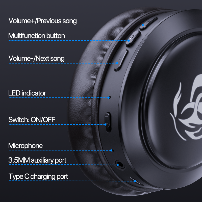 Auriculares inalámbricos con Bluetooth 5,3, audífonos plegables para videojuegos de 1Hora, música LED de graves con micrófono manos libres, AUT202