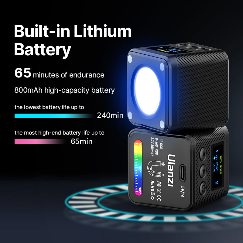 Lâmpada LED regulável Ulanzi para câmera GoPro DSLR, luz magnética Mini Vlog de preenchimento, luz de vídeo stepless, L2 RGB COB