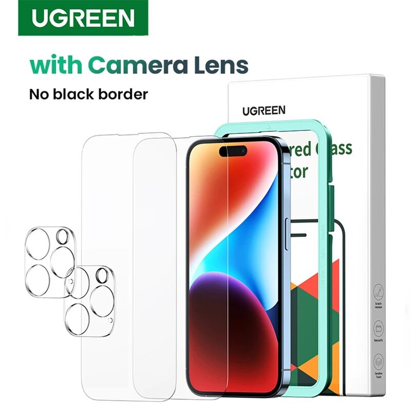 UGREEN-Protector de pantalla para iPhone, cubierta completa de vidrio templado para lente de cámara, para modelos 15, 14, 13, 12 Pro Max, 14 Plus, 2 unidades