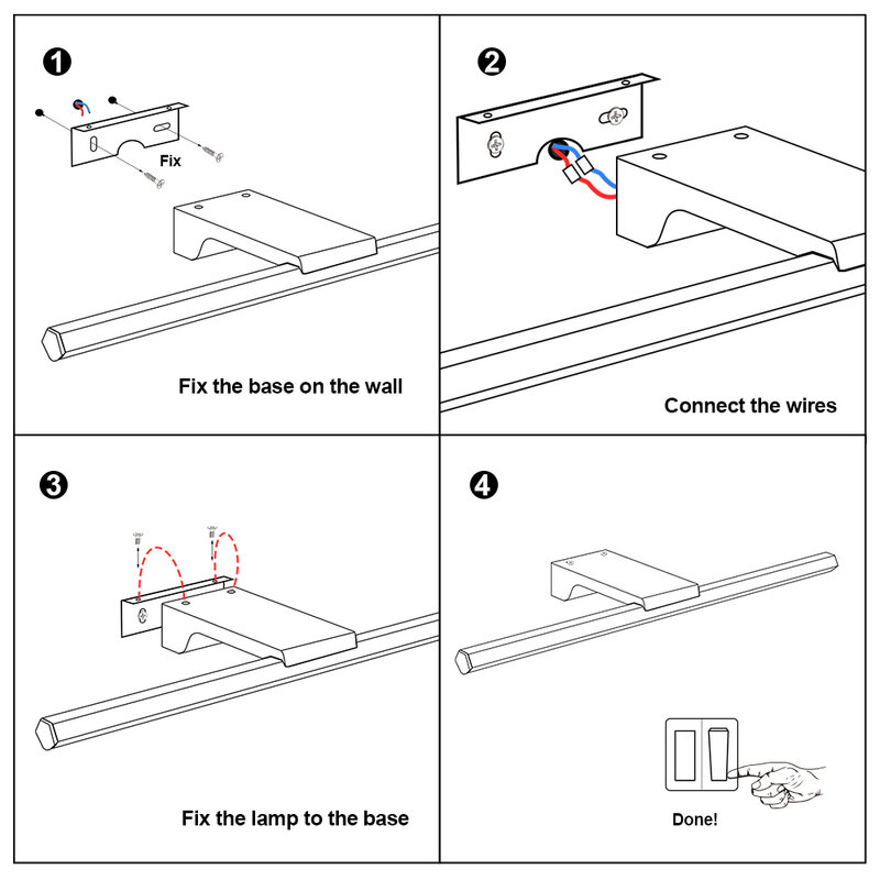 Heureusement, applique murale led moderne de 80 cm à 100 cm de long applique AC85-265 volts 镜面灯 étanche salle de bain intérieure en noir et blanc et gris