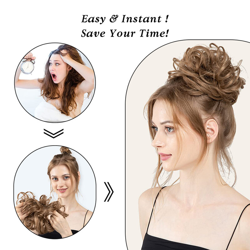 Elastic Drawstring Hair Bun para mulheres, Messy Curly Scrunchies, Chignon Donut Updo, Peças de cabelo castanho escuro