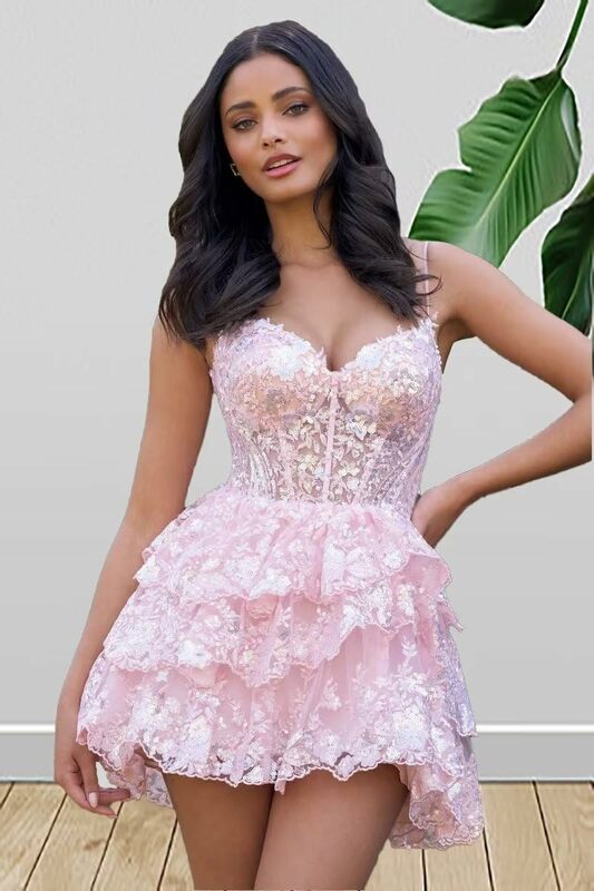 illusion Spaghetti Straps Tulle Tiered Homecoming Dress 2024 Prom Dresses Short Sparkly Lace Corset Layered Formal Party Gowns