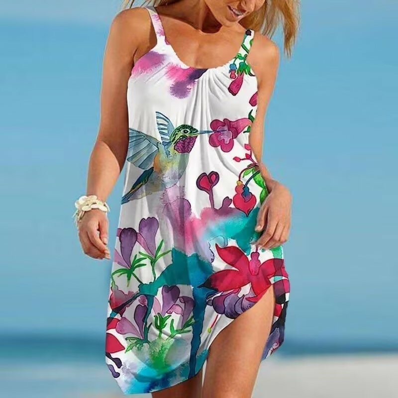 Women\'s Floral Print Dress Hawaii Style Crew Neck Mini Dress Casual Sleeveless Loose Oversized  Beach Dress Resort Wear Summer