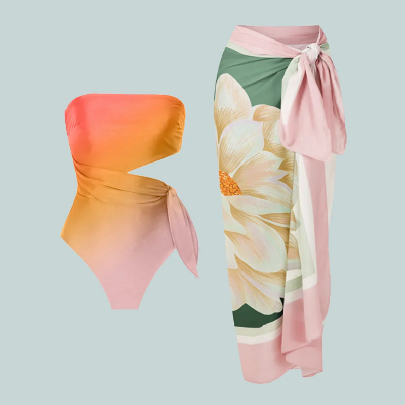 Maiô gradiente bandeau para mulheres, biquíni sem costas, gravata recorte, roupa luxuosa de praia, cobertura elegante, monocromático, 2020, 1 pc