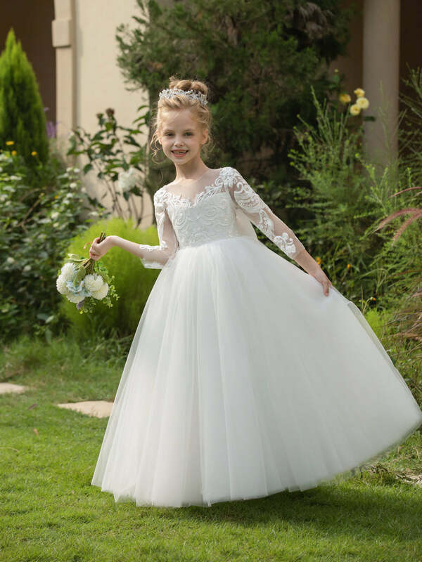 Wycięcie pod szyją tiulowa sukienki dla dziewczynek kwiatowa z aplikacją i satynową kokardą na ślub i sukienka na przyjęcie urodzinowe