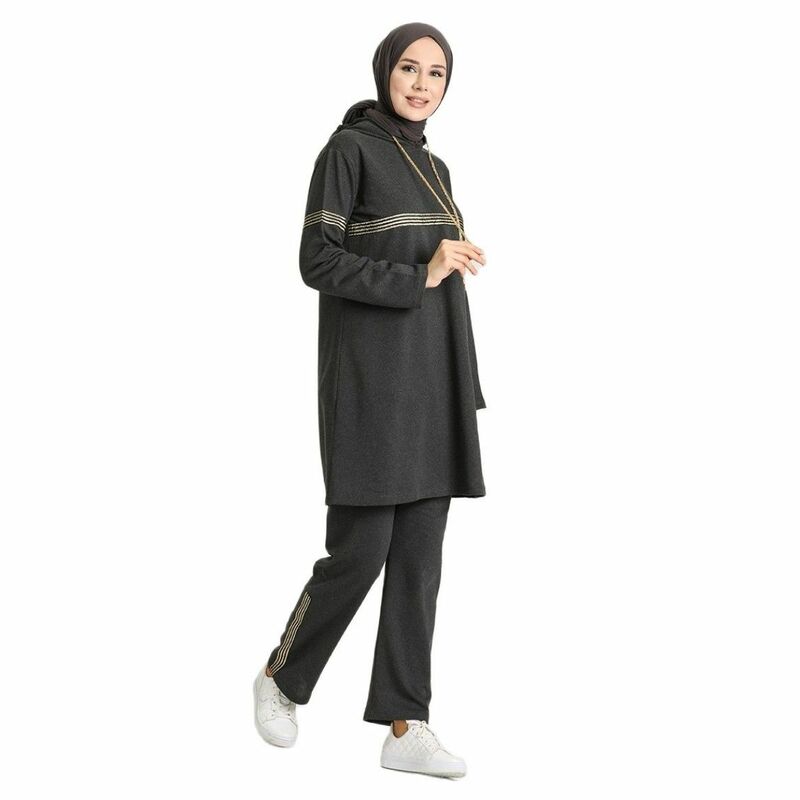 Vrouwen Trainingspak Set Hooded Touw Detail Ongevoerd Lange Mouw Seizoensgebonden Zomer Vrouwen Hijab Kleding Moslim Fashion Stijlvolle
