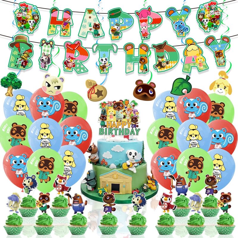Animal Crossing dekoracja urodzinowa Animal Crossing balon tło baner ozdoba na wierzch tortu przyjęcie zabawki dla dzieci