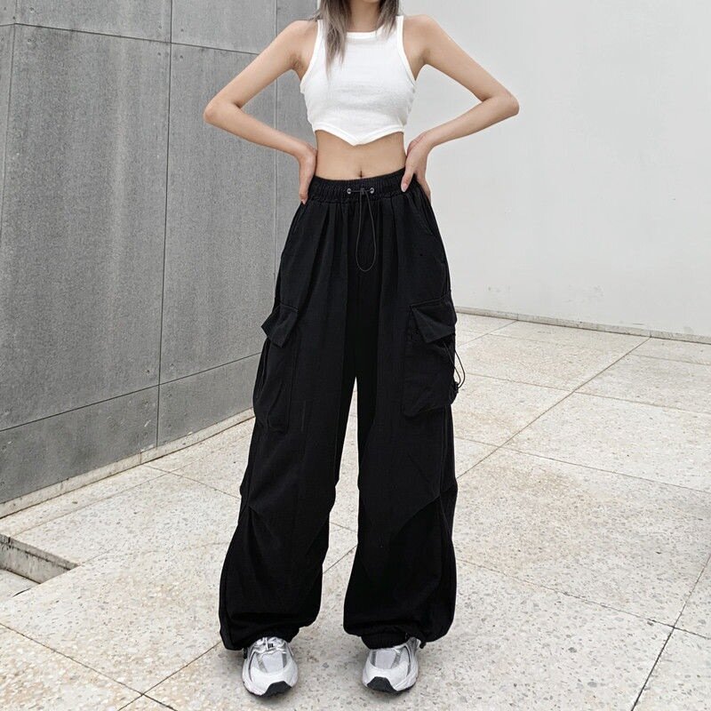 Women Y2K Cargo Pants Casual High Waisted Breathable Baggy Sweatpant Kpop Wide Leg Drawstring Oversize Pockets Joggers Trousers