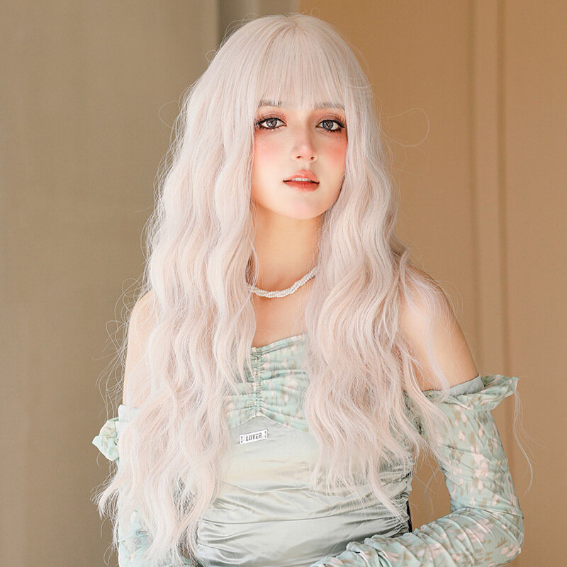 67CM Wig Female Long Hair Slightly Curly Wavy Air Bangs Natural Fluffy Full Head Pink Lolita Curly Hair Cosplay Daily Party Wig