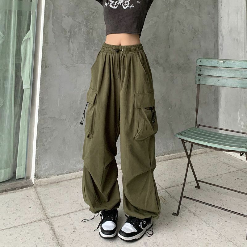 Celana olahraga wanita, celana perempuan pinggang rendah polos tali serut kaki lebar celana longgar Y2k Streetwear ukuran besar 2023