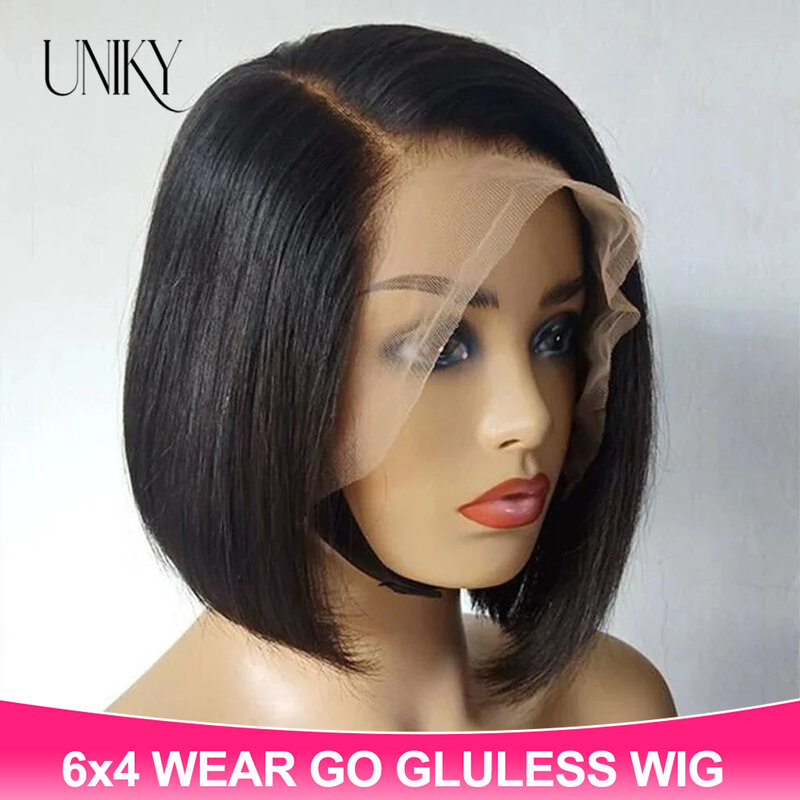 Peluca de cabello humano liso de 13x4 para mujeres negras, postizo de encaje frontal corto con cierre sin pegamento, pelo brasileño, 6x4