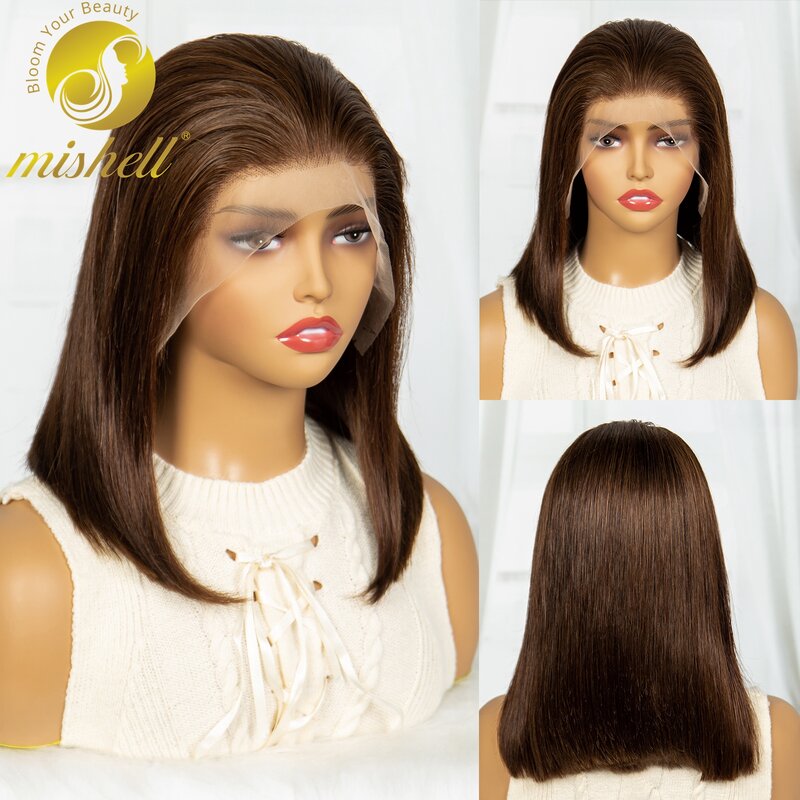Brasileira Remy peruca de cabelo humano, perucas curtas e retas Bob, 13x4 Lace Frontal Peruca, Chocolate Marrom Colorido, 4 #