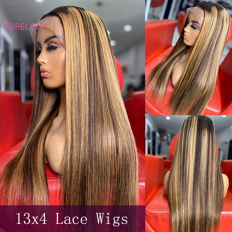Highlight Brown 4/27 Color Straight Long Brazilian Human Hair 13x4 Lace Closure Wigs Ombre Colored Front Wigs 16-30 Inch