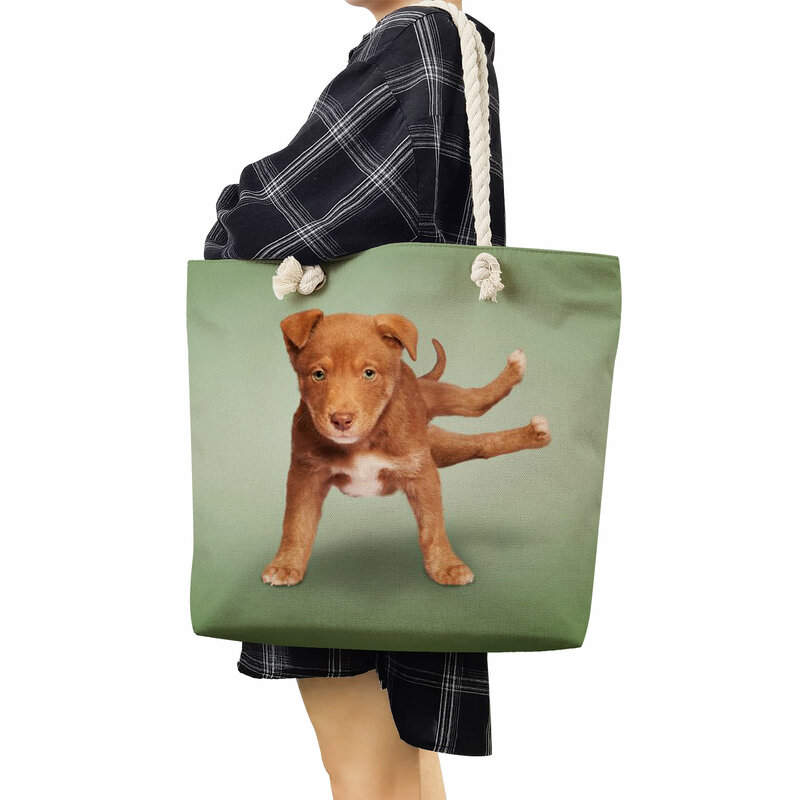 حقائب كتف مطبوعة على شكل قطة كلب لطيف للنساء ، حقائب يدوية عالية السعة قابلة للطي ، حقائب موضة للسفر على الشاطئ ، حقيبة تسوق صديقة للبيئة قابلة لإعادة الاستخدام