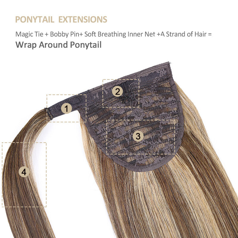 Extensão de rabo de cavalo reto longo para mulheres, pasta mágica natural, extensões de cabelo invisível, cabelo humano, envolvendo a cauda do pônei, 14-22 polegadas