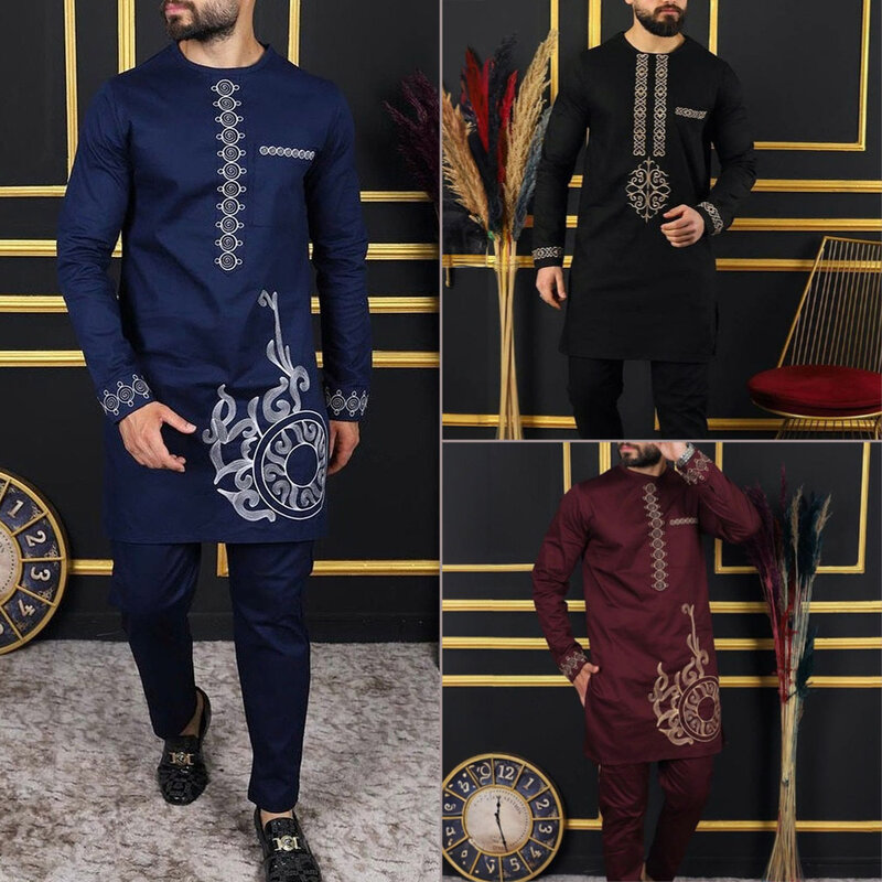 Conjunto de 2 piezas Dashiki Abaya para hombre, camisa y pantalón de manga larga, elegante estilo étnico africano, traje de cuello redondo, caftán, novedad