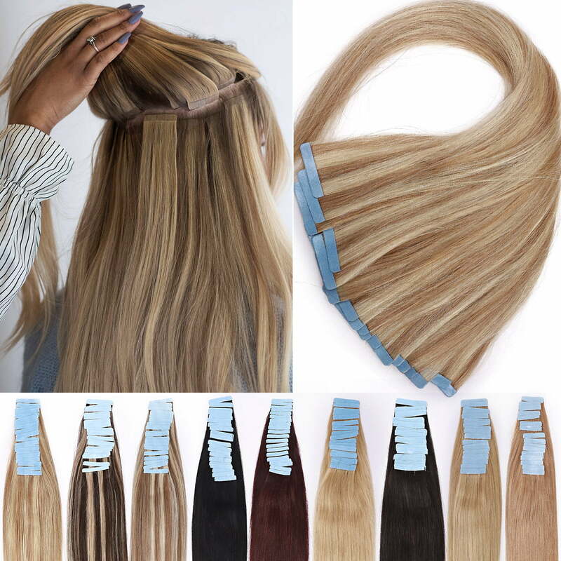 Tape in Hair Extensions Real Human Hair 20pcs Straight Seamless Skin Weft Tape Hair Extensions Invisible Pre-taped Blonde Hair