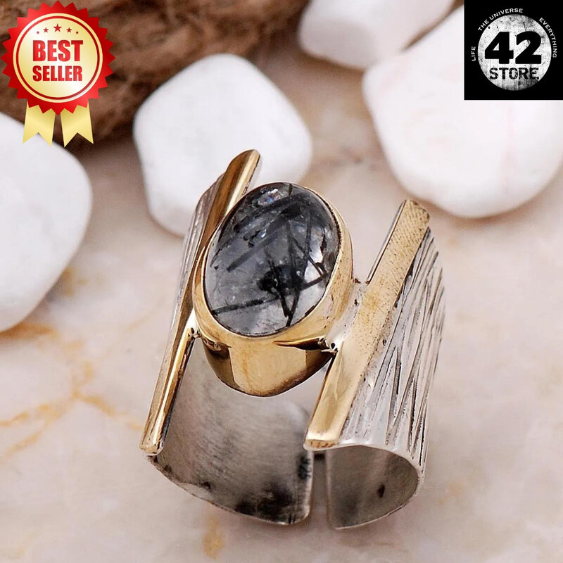 Handcrafted Adjustable Silver Ring with Rutile Quartz Stone